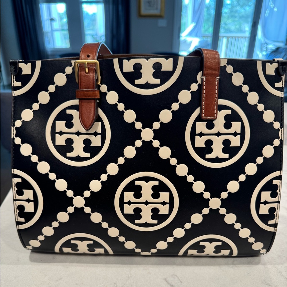 Tory Burch Black and Cream Logo Print Leather Tote with Brown Straps